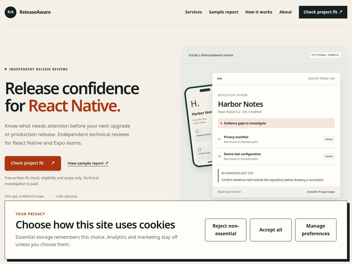 Landing-page snapshot of releaseaware.com