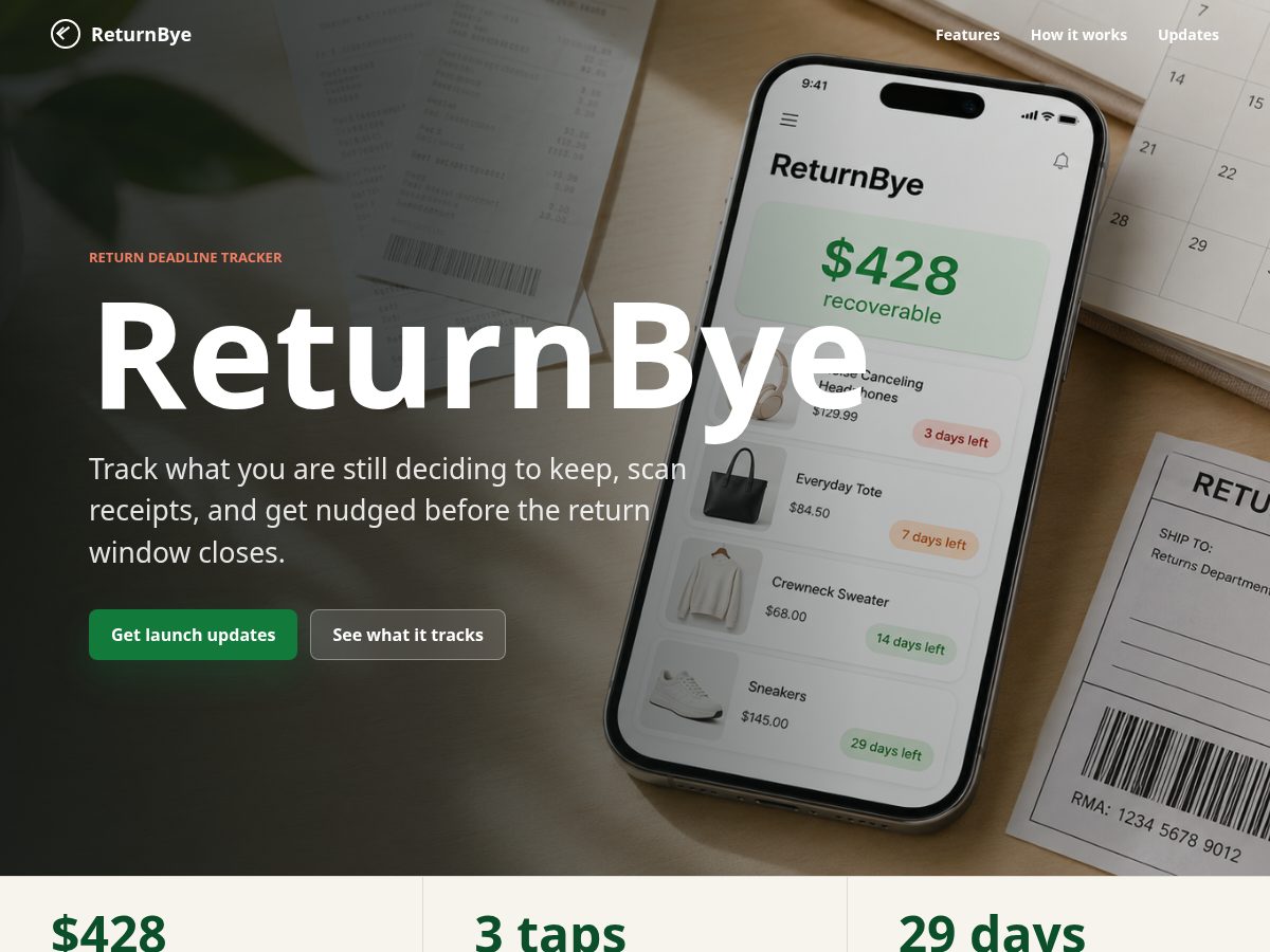Landing-page snapshot of returnbye.com