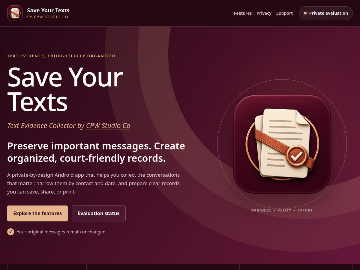 Landing-page snapshot of saveyourtexts.com