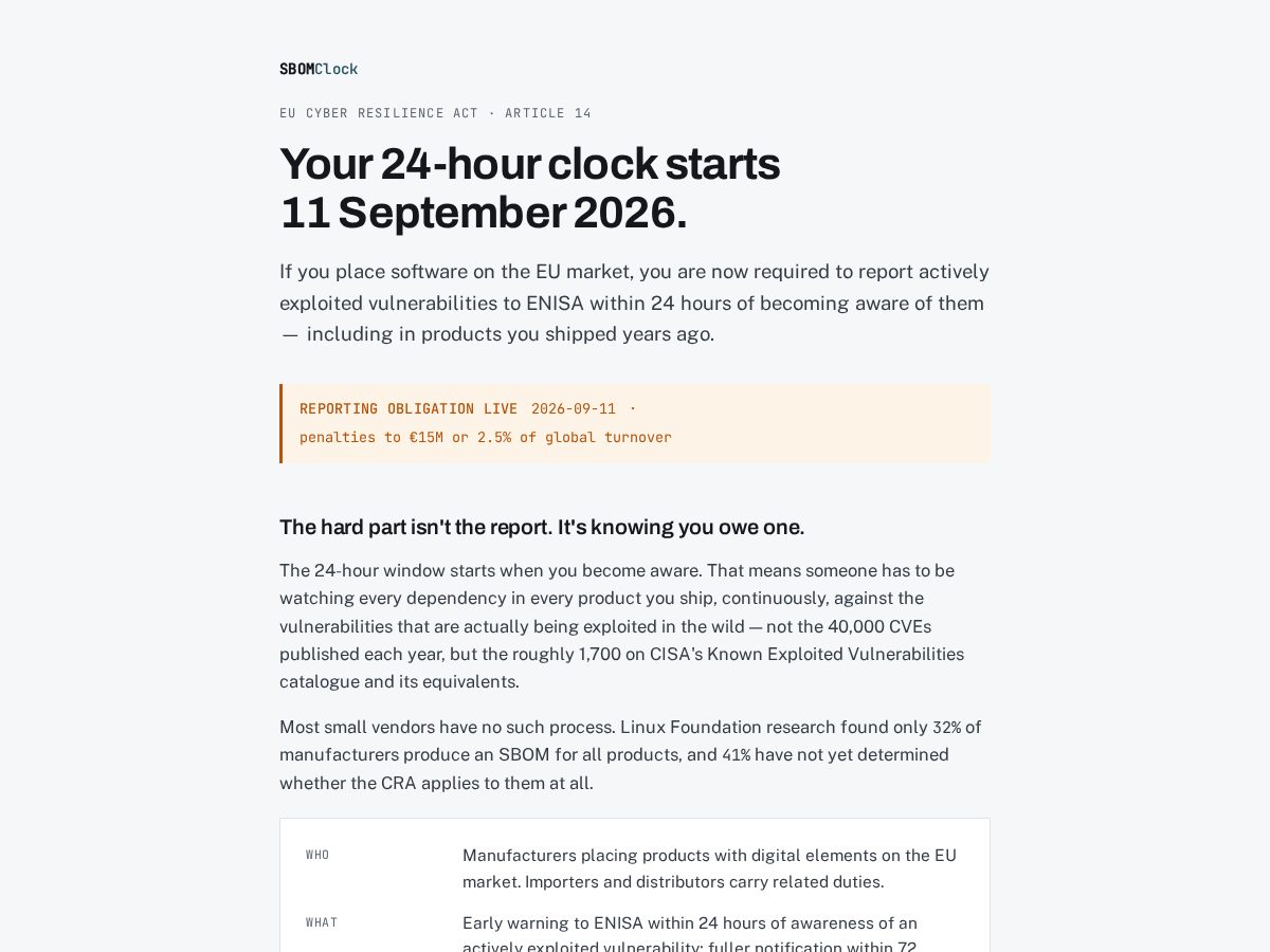 Landing-page snapshot of sbomclock.com