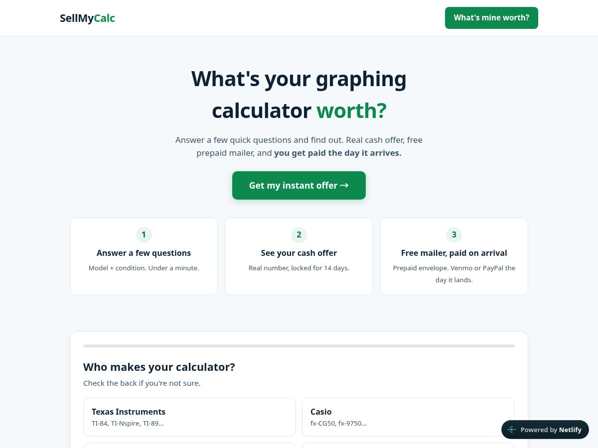Landing-page snapshot of sellmycalc.com