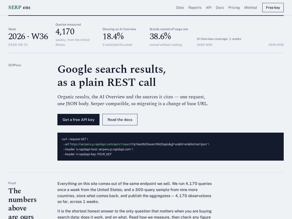 Landing-page snapshot of serpensapi.org