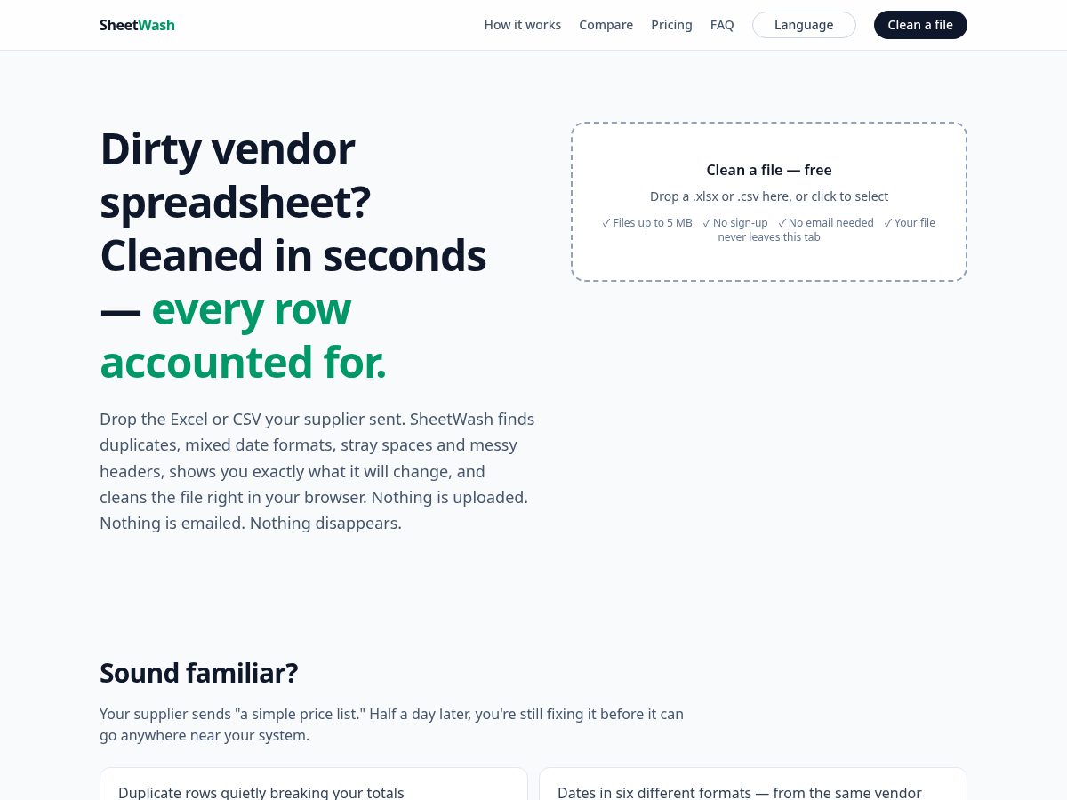 Landing-page snapshot of sheetwash.com