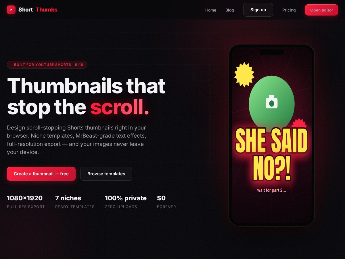 Landing-page snapshot of shortthumbs.com