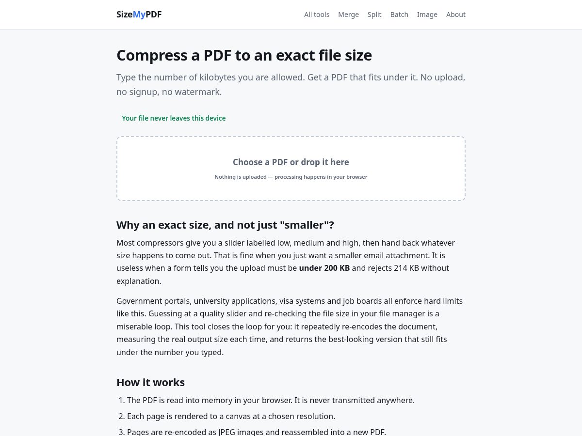 Landing-page snapshot of sizemypdf.com