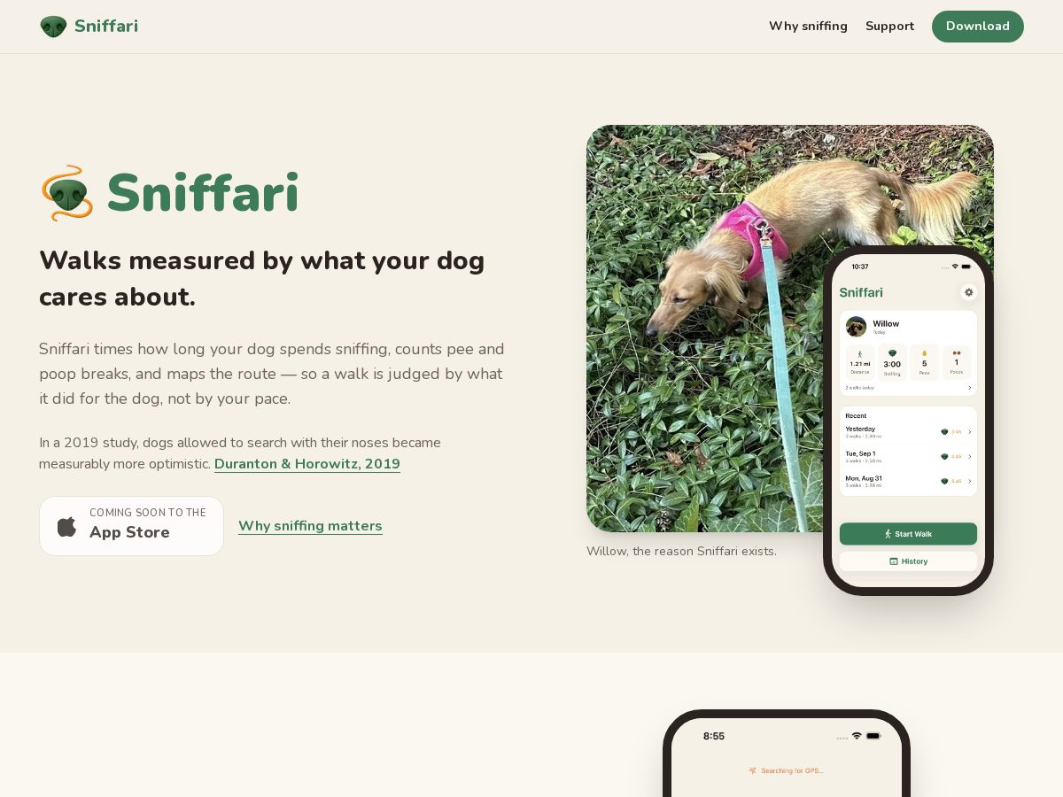 Landing-page snapshot of sniffari.dog