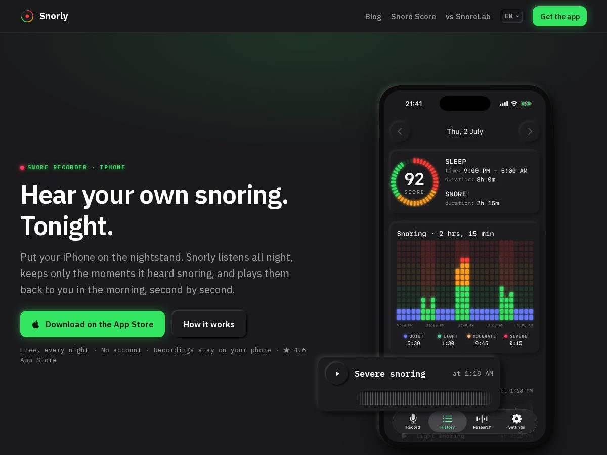Landing-page snapshot of snorly.app