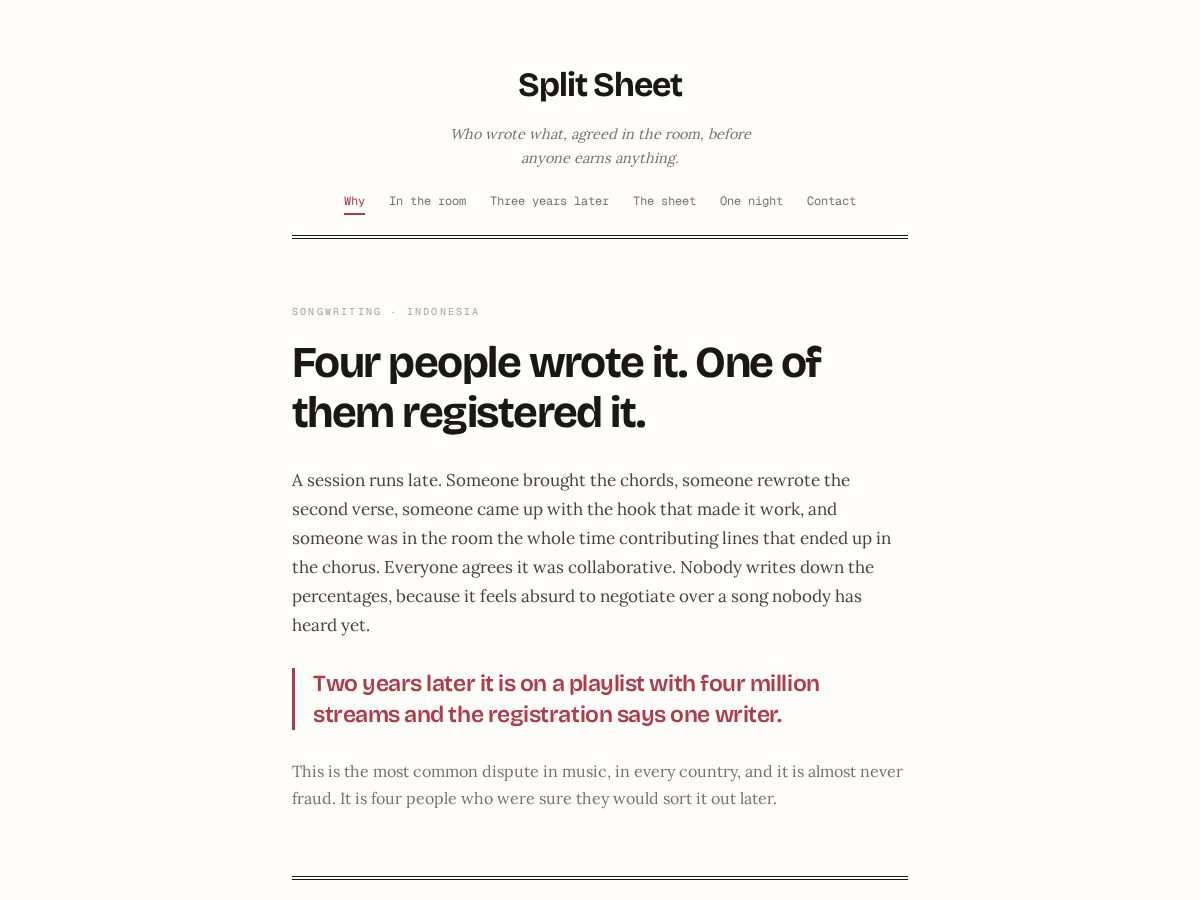 Landing-page snapshot of splitsheet.cloud