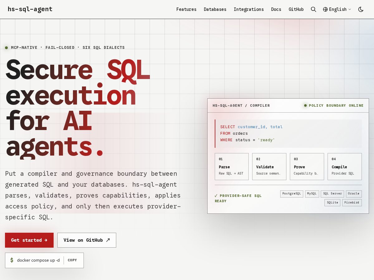 Landing-page snapshot of sql-agent.net