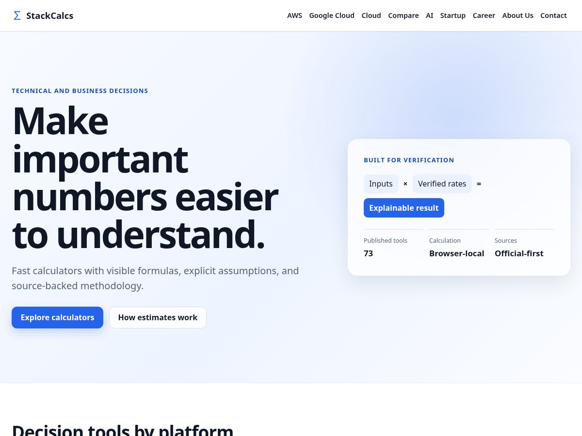 Landing-page snapshot of stackcalcs.com