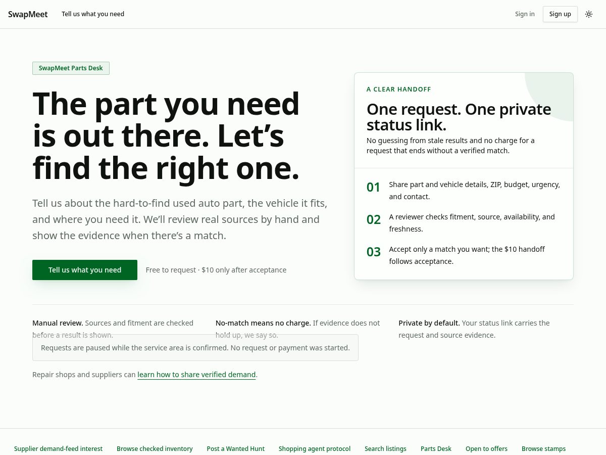 Landing-page snapshot of swapmeetapp.com