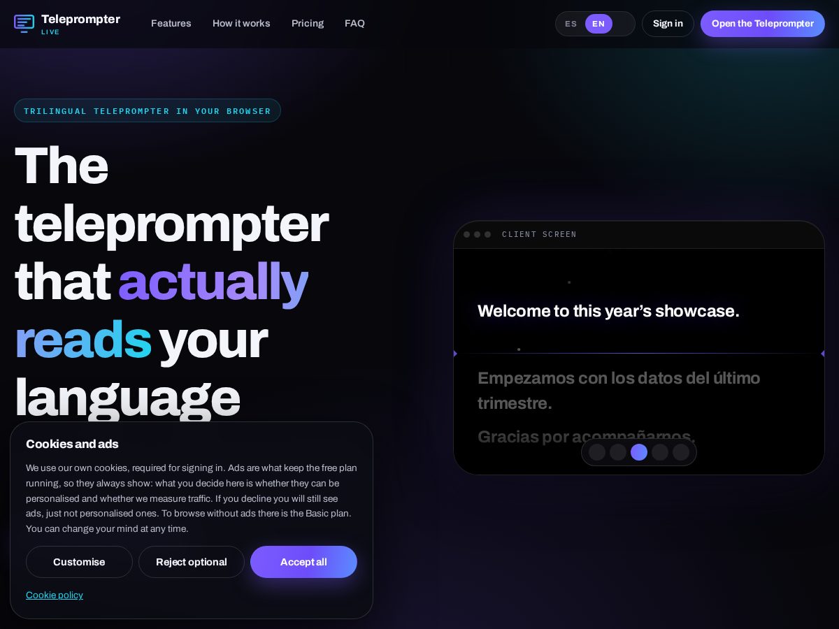 Landing-page snapshot of teleprompterlive.com