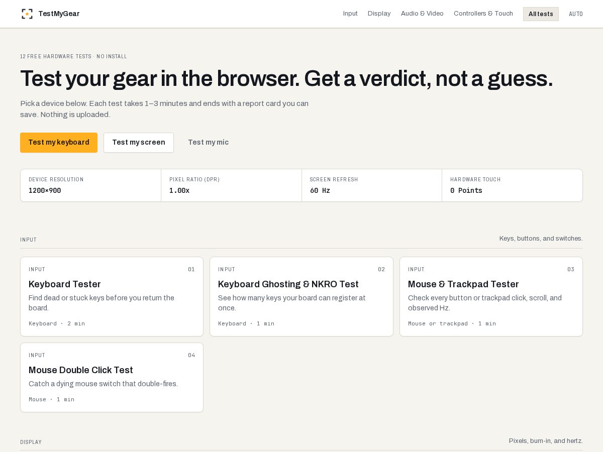 Landing-page snapshot of testmygear.app