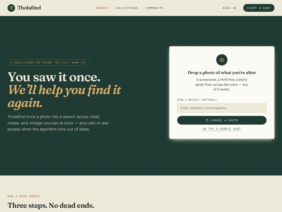 Landing-page snapshot of tholafind.com