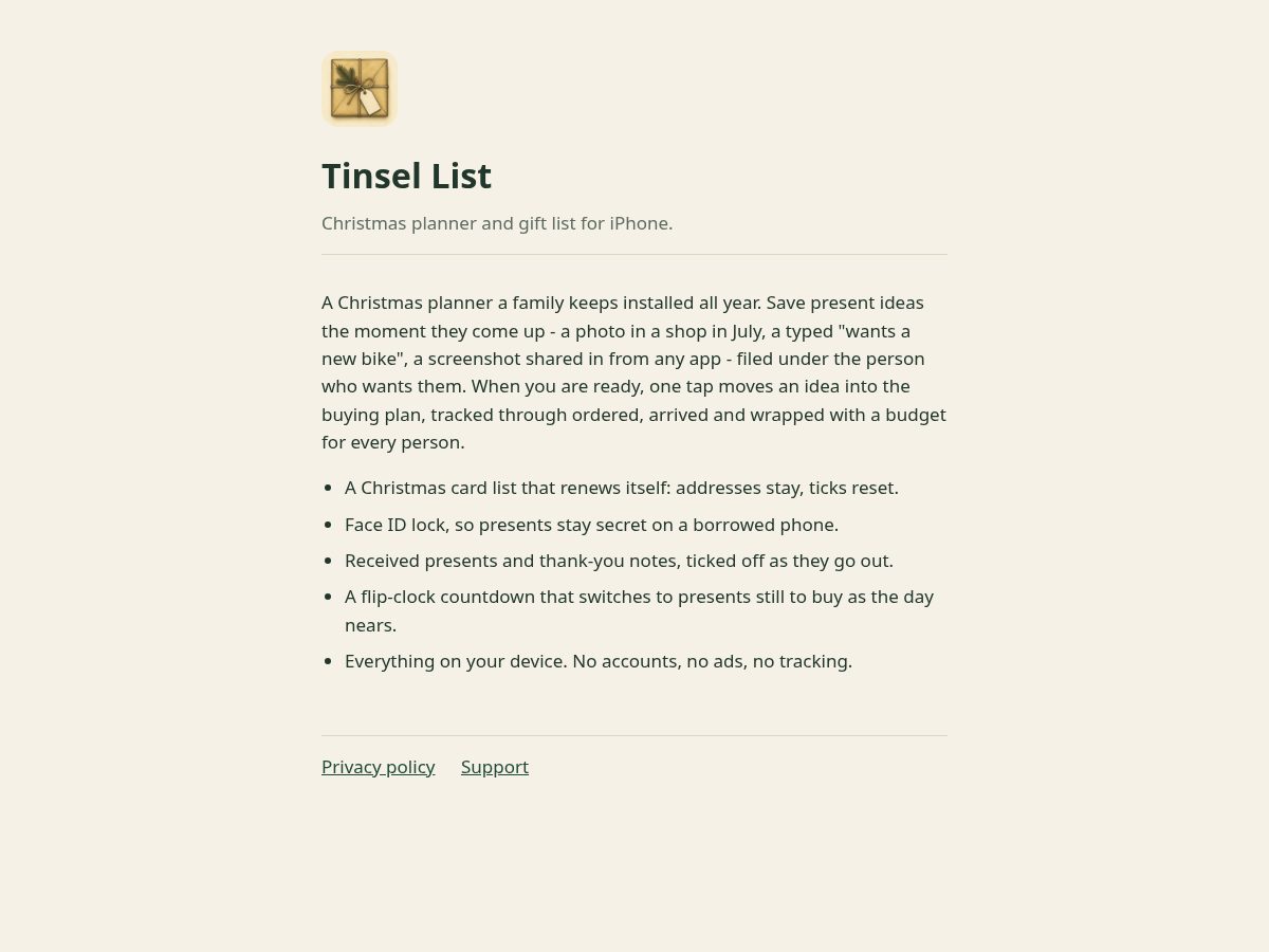 Landing-page snapshot of tinsellist.app