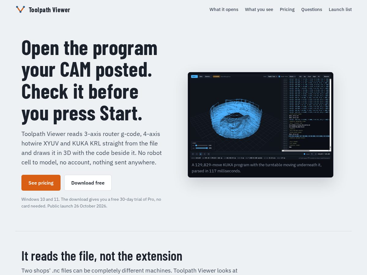Landing-page snapshot of toolpathviewer.com