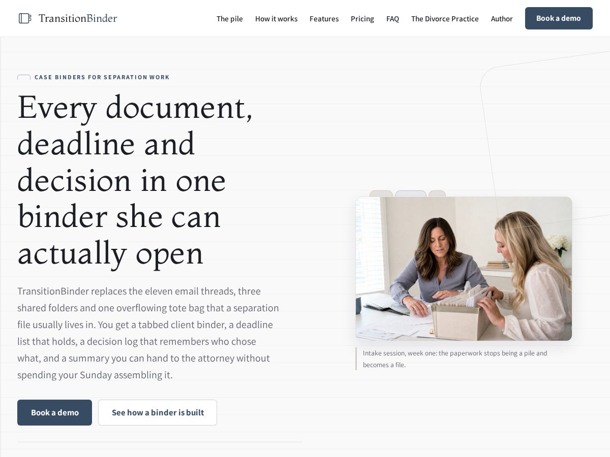 Landing-page snapshot of transitionbinder.com