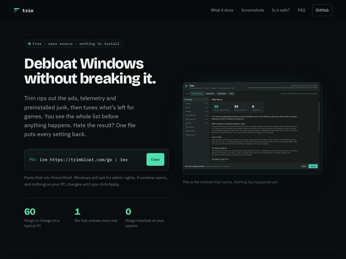Landing-page snapshot of trimbloat.com