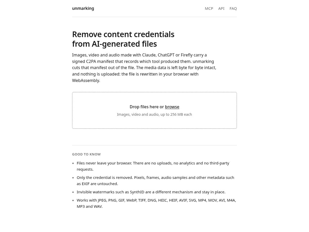 Landing-page snapshot of unmark.ing