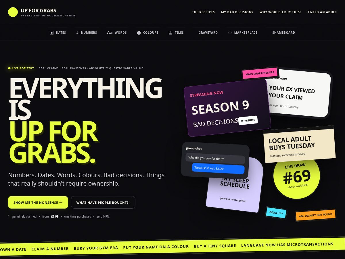 Landing-page snapshot of upforgrabs.shop