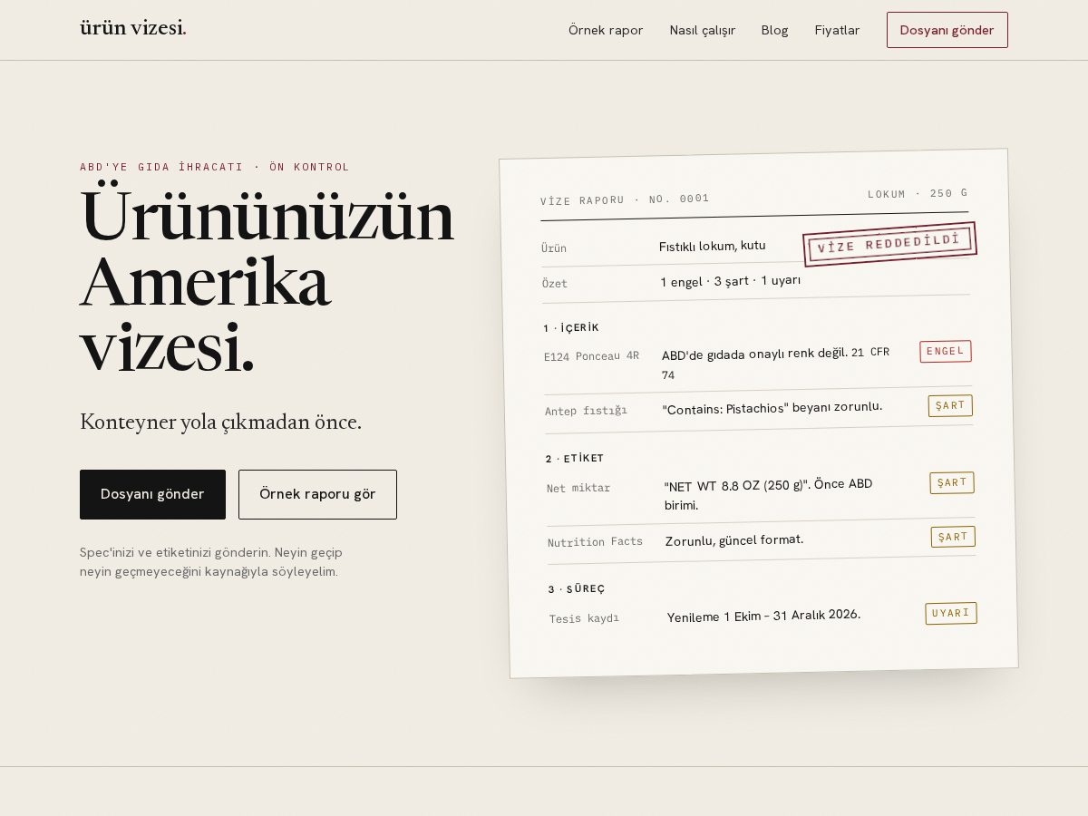 Landing-page snapshot of urunvizesi.com