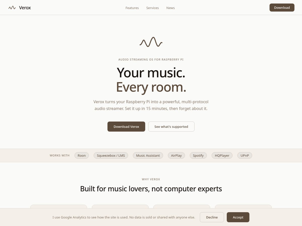 Landing-page snapshot of verox.audio