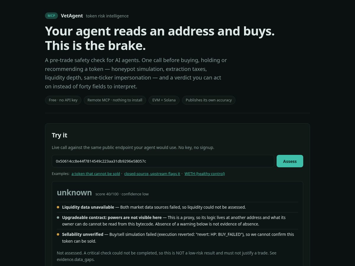 Landing-page snapshot of vetagent.dev