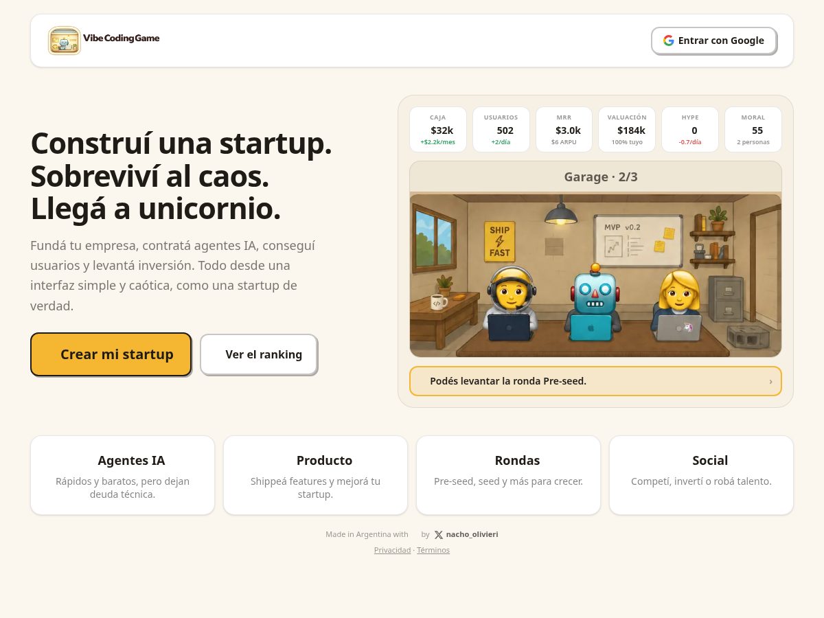 Landing-page snapshot of vibecodingame.com