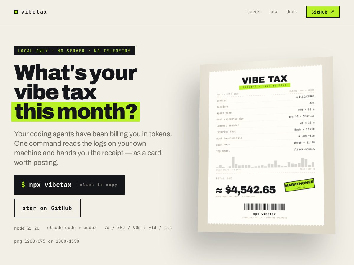 Landing-page snapshot of vibetax.dev