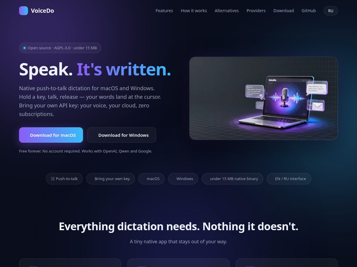 Landing-page snapshot of voicedo.app