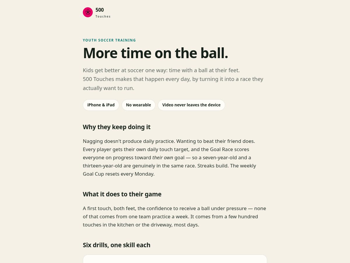 Landing-page snapshot of 500touches.app