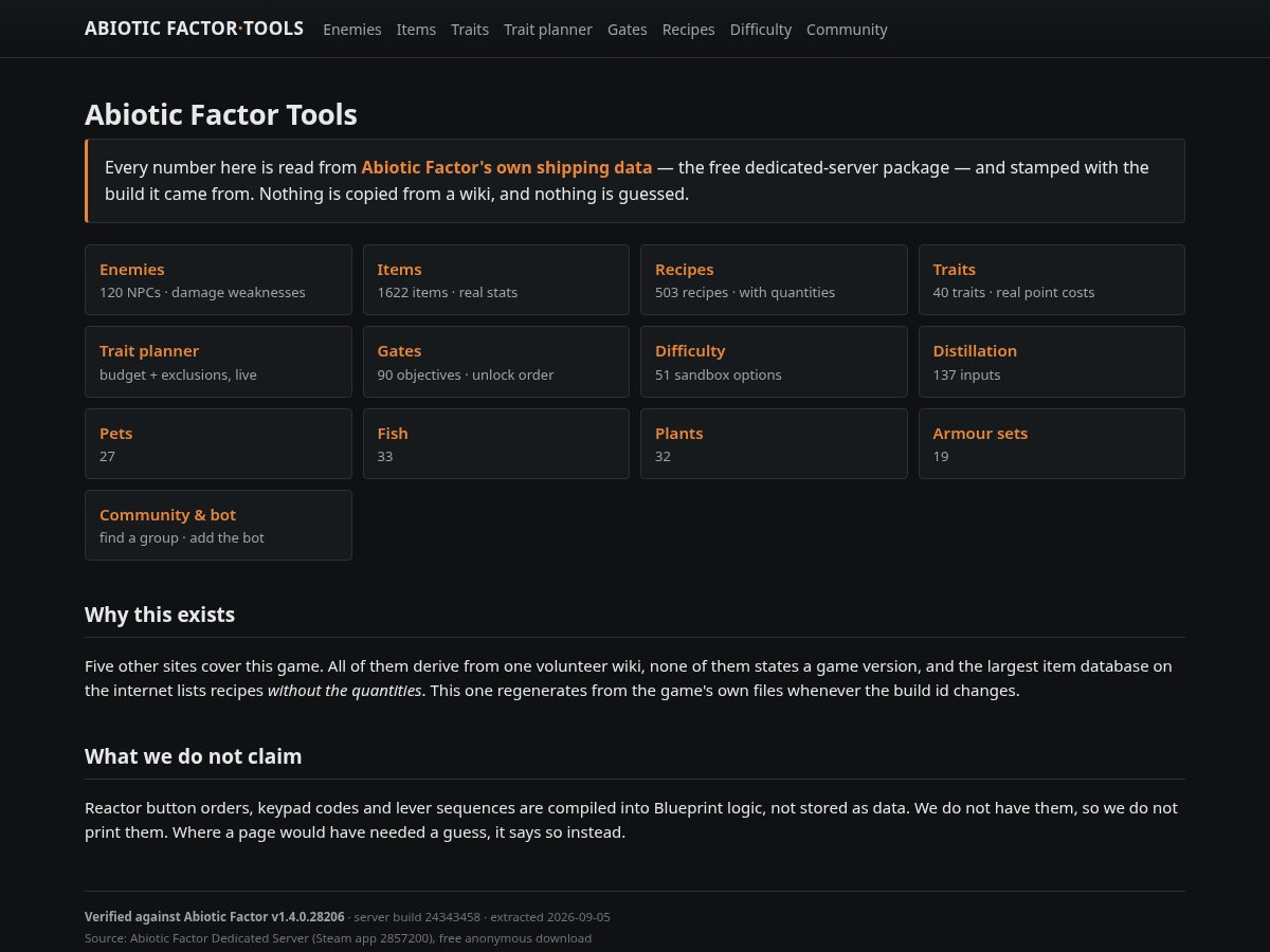 Landing-page snapshot of abioticfactortools.com