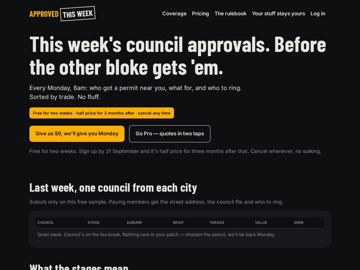 Landing-page snapshot of approvalthisweek.com