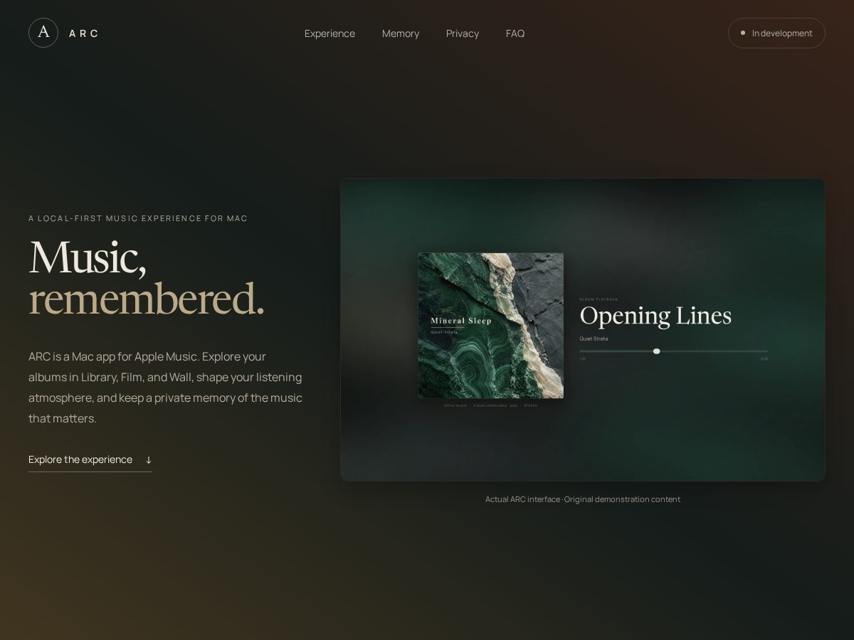 Landing-page snapshot of arcmusic.app
