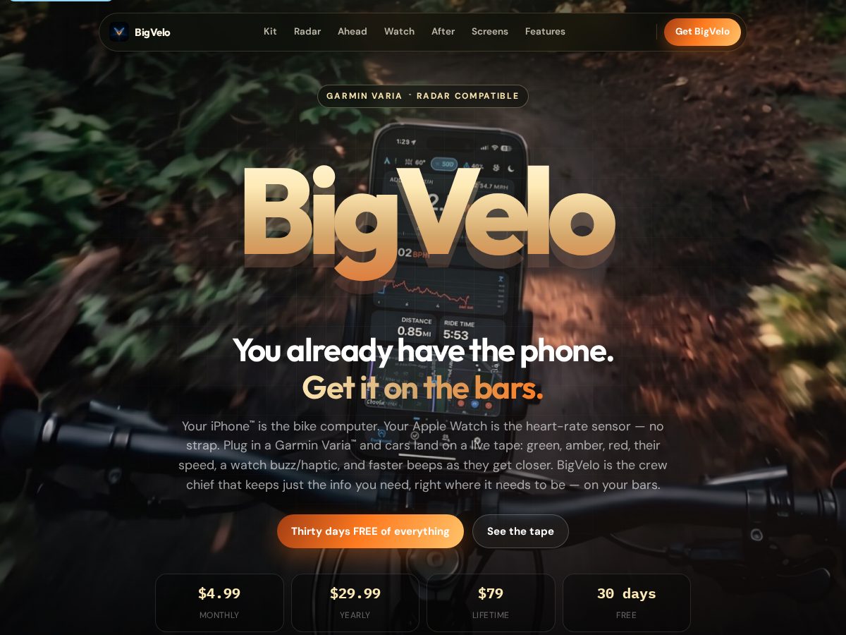 Landing-page snapshot of bigvelo.com