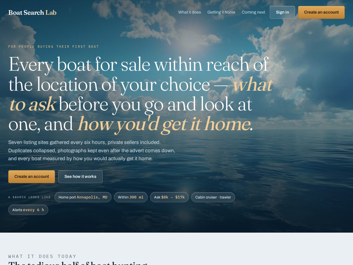 Landing-page snapshot of boatsearchlab.com