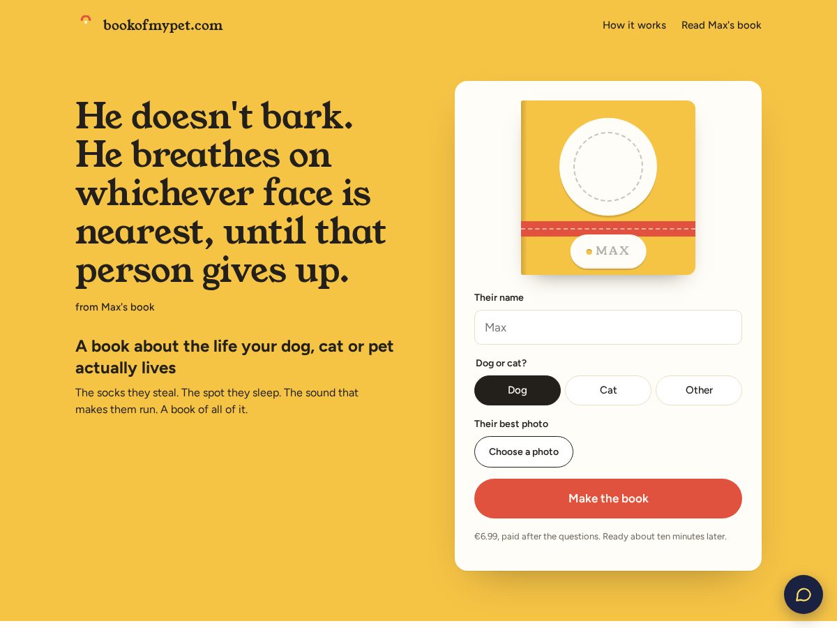 Landing-page snapshot of bookofmypet.com