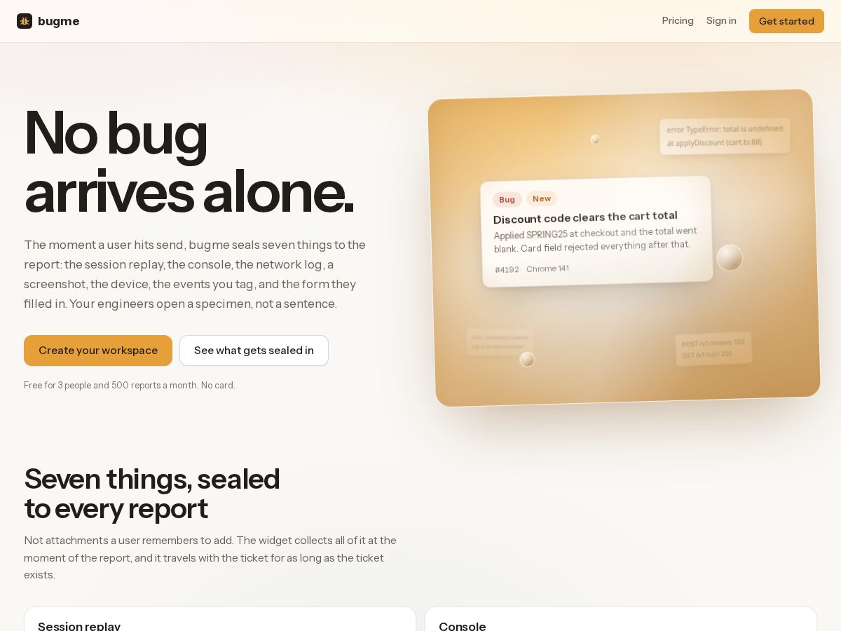 Landing-page snapshot of bugme.dev