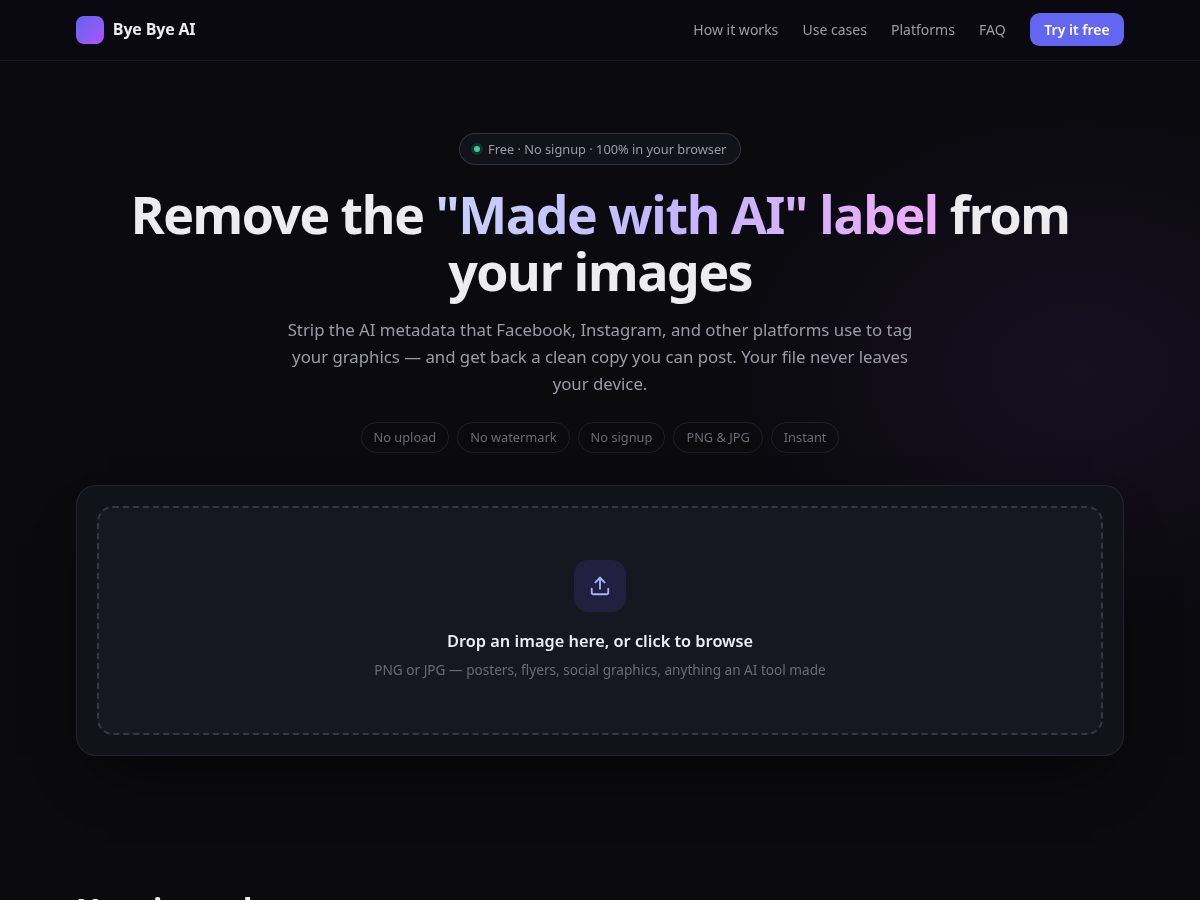 Landing-page snapshot of byebyeai.app