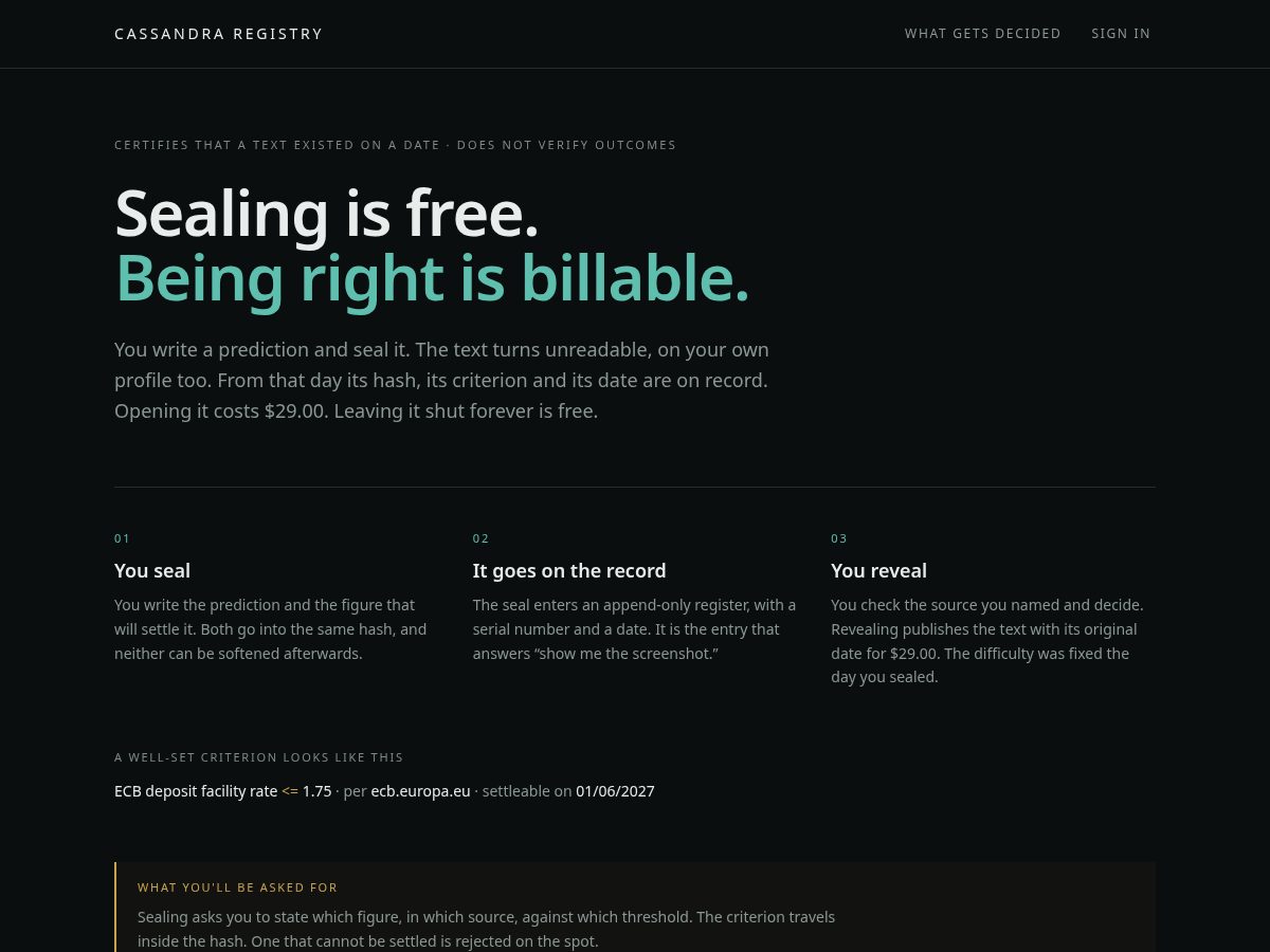 Landing-page snapshot of cassandraregistry.com