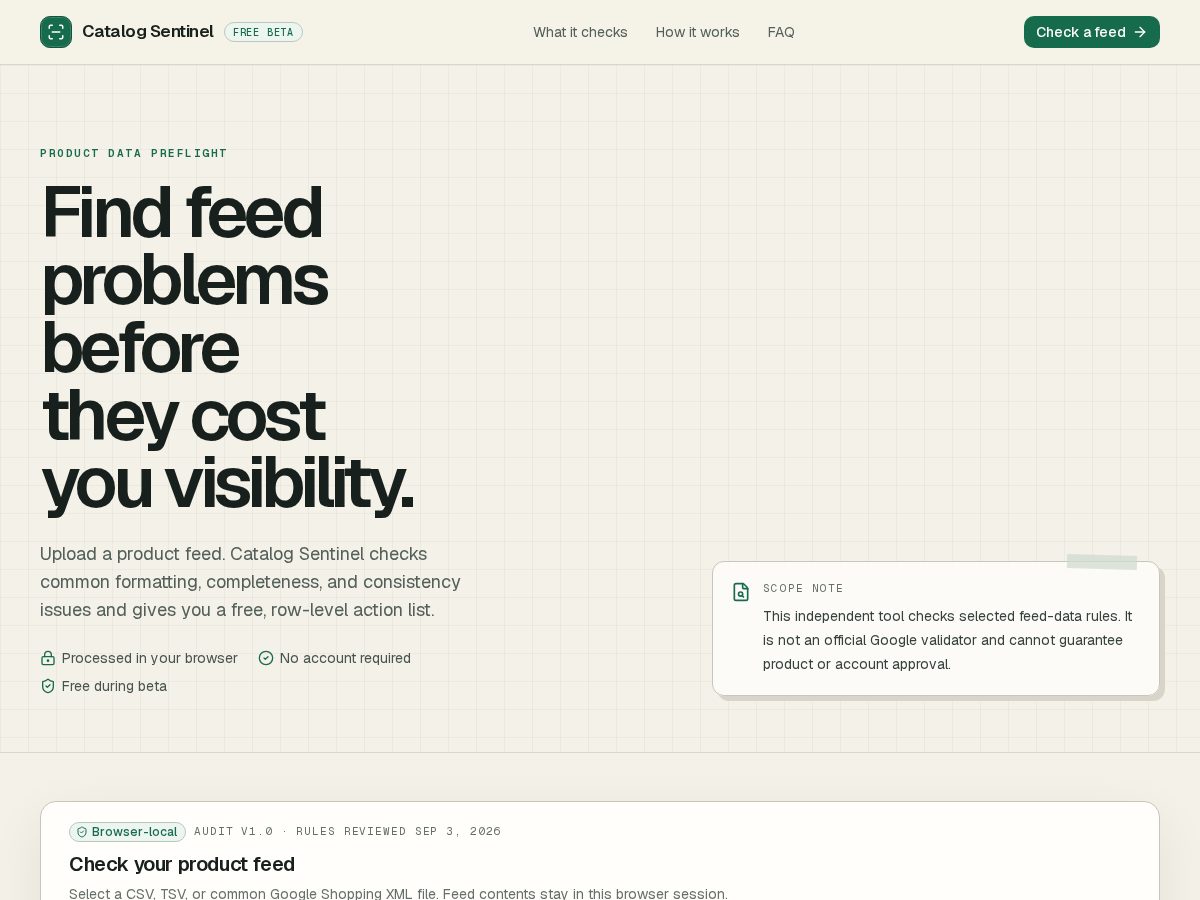 Landing-page snapshot of catalogsentinel.com