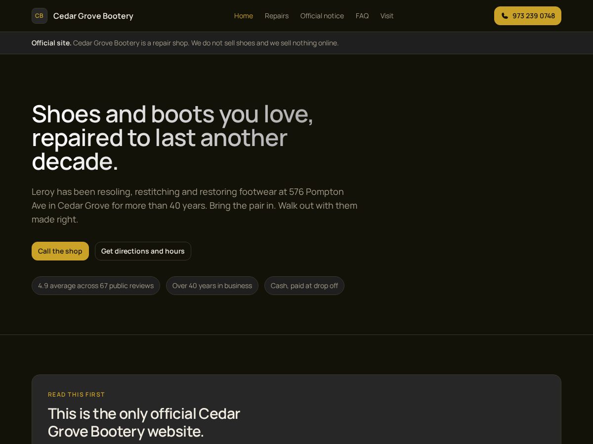 Landing-page snapshot of cedargrovebootery.net