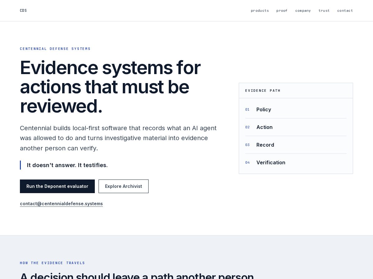 Landing-page snapshot of centennialdefense.com
