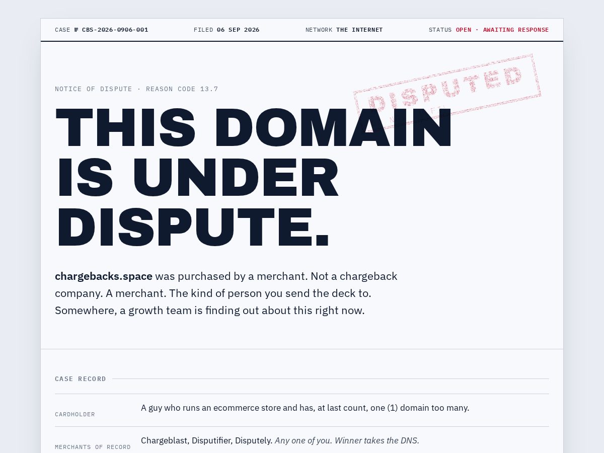 Landing-page snapshot of chargebacks.space