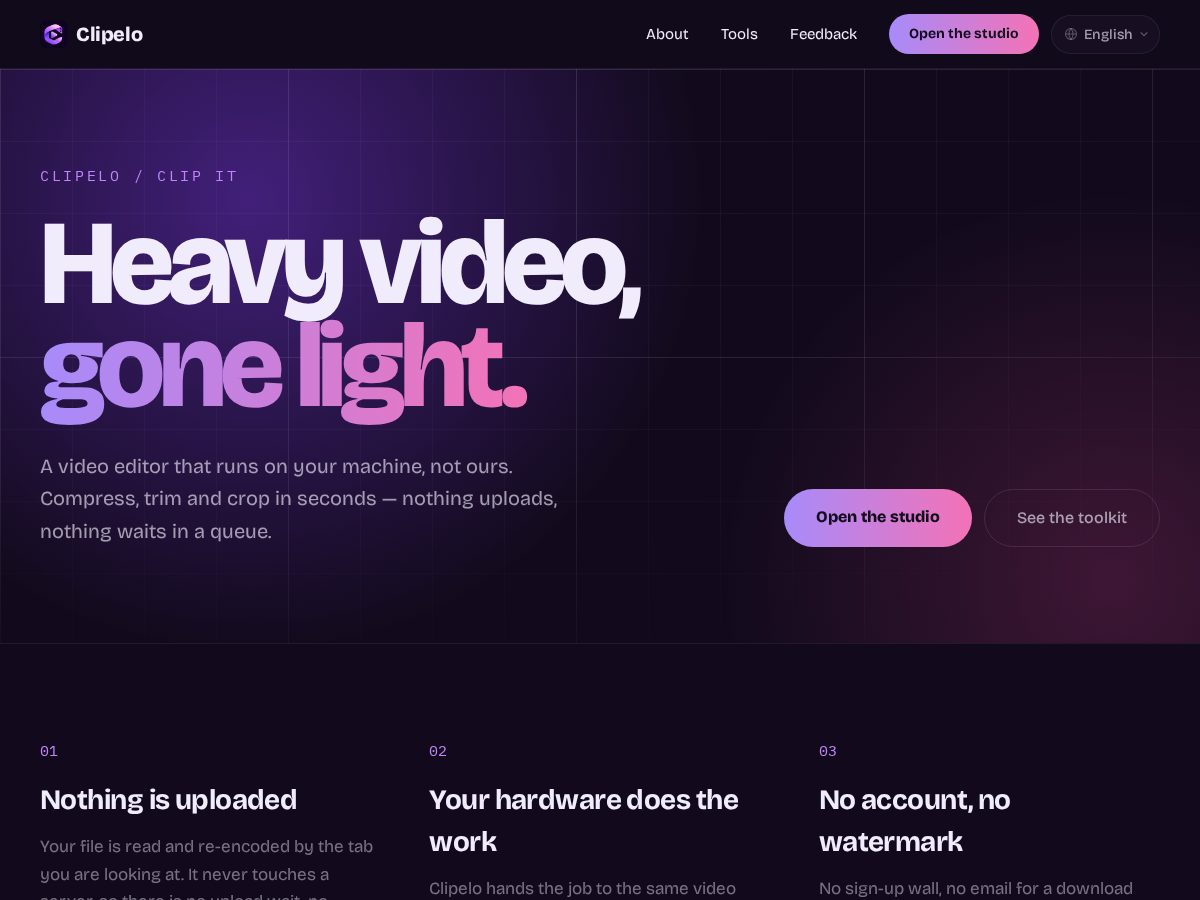 Landing-page snapshot of clipelo.com