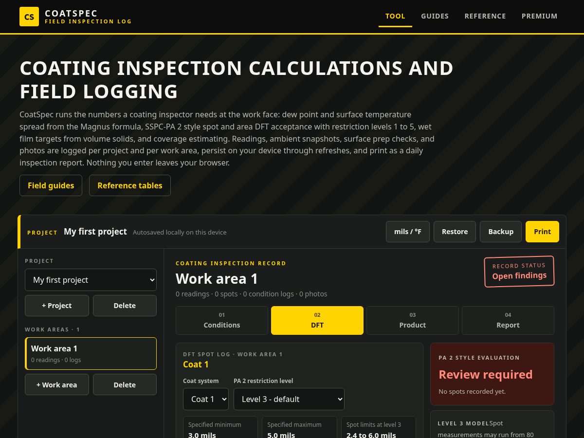Landing-page snapshot of coatspec.app