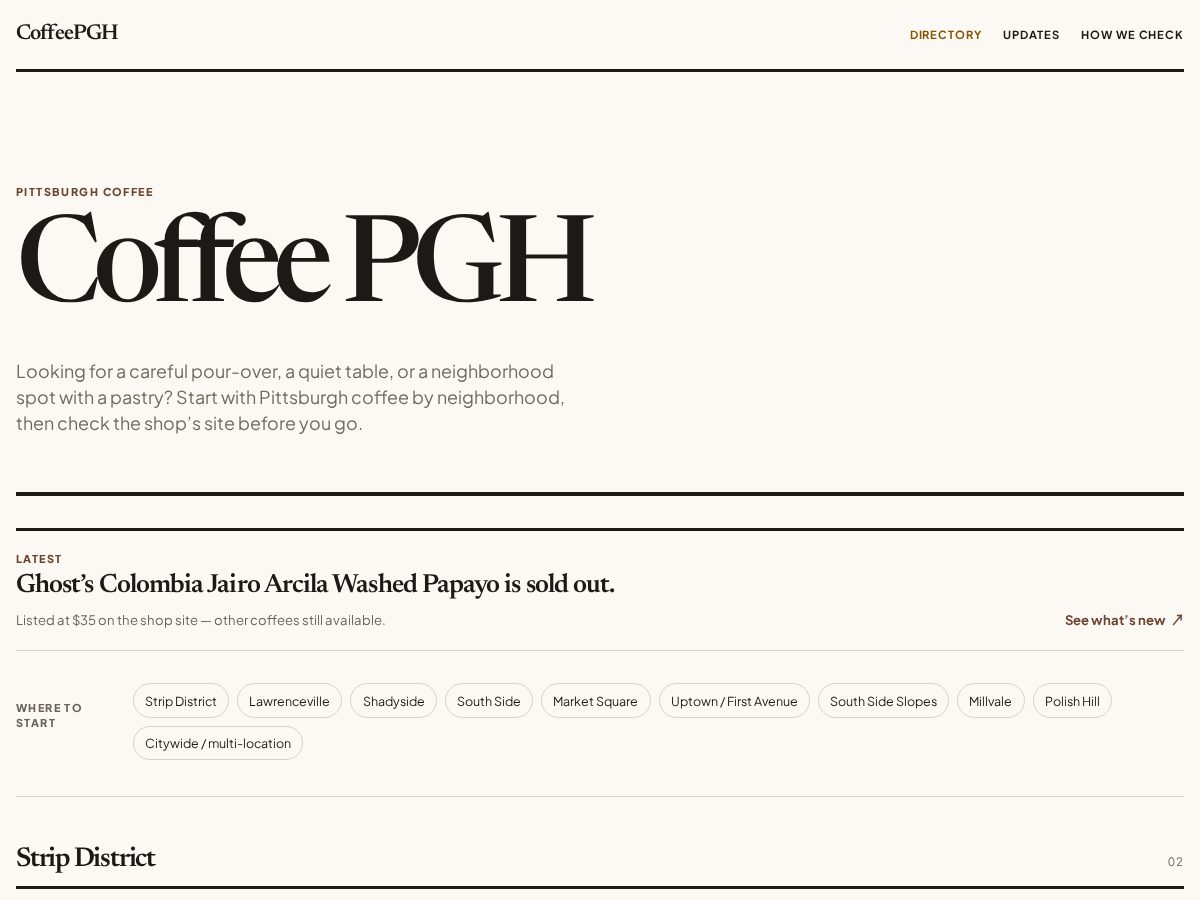 Landing-page snapshot of coffeepgh.com