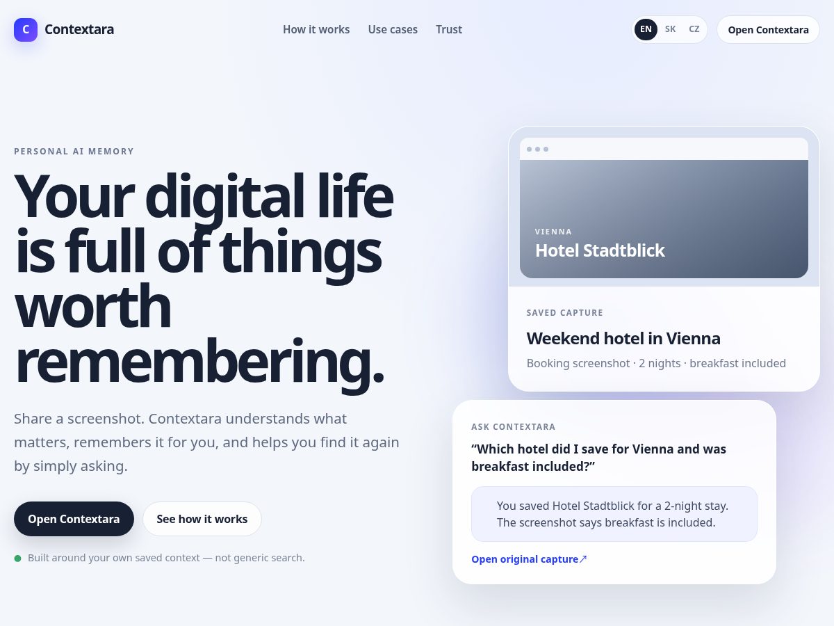 Landing-page snapshot of contextara.app