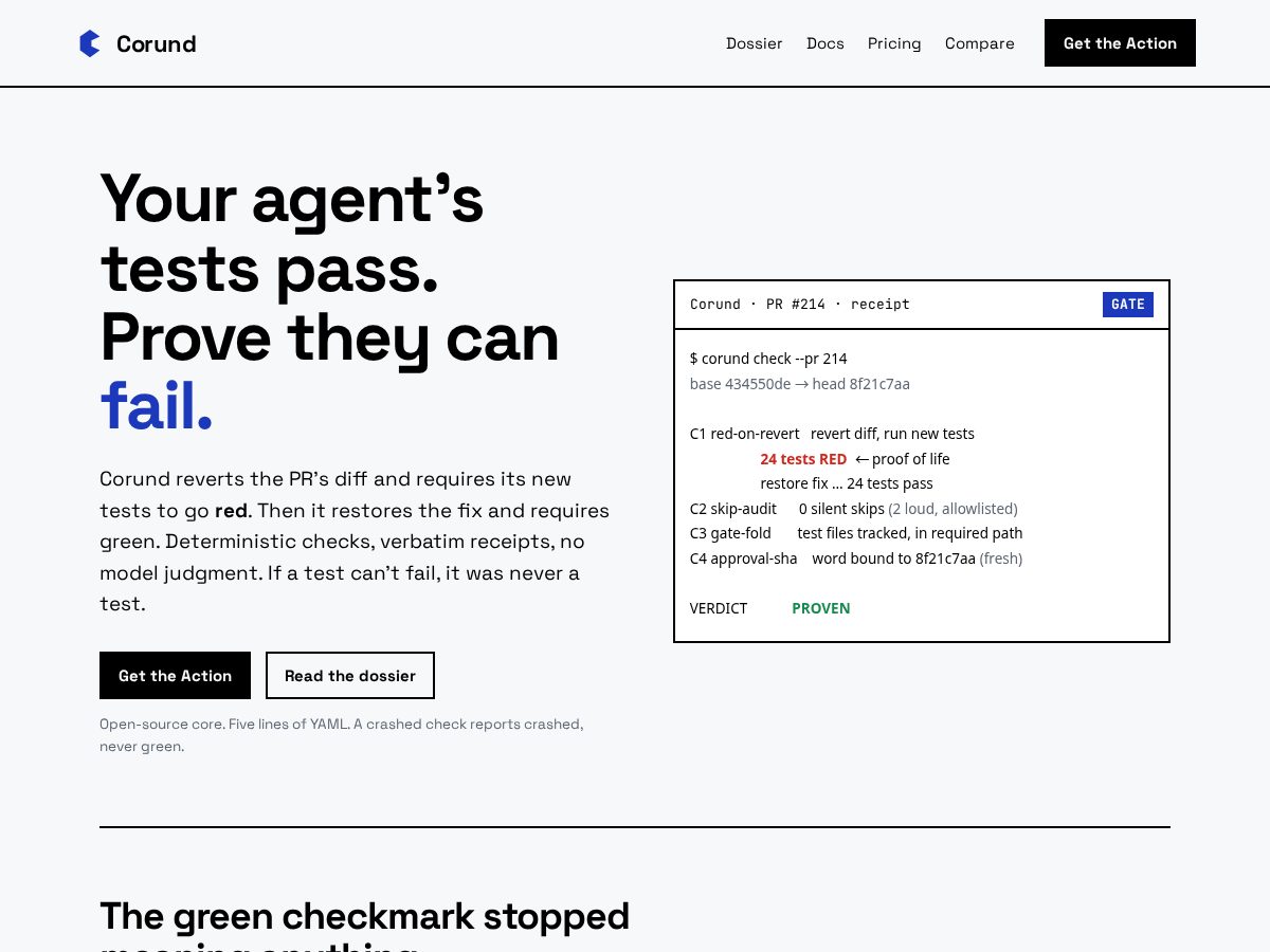 Landing-page snapshot of corund.dev