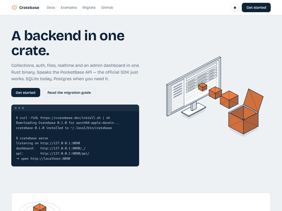 Landing-page snapshot of cratebase.dev